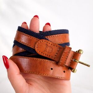 Christian Dior Navy Webbed Belt Leather Trim Brass Buckle Crest Made in Spain